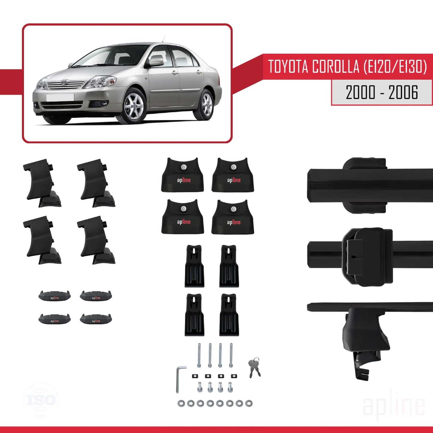 Compatible with Toyota Corolla 9 (E120) Sedan 2000-2006 ACE-4 Car Roof Rack Cross Bar Black Aluminium 2 Bars