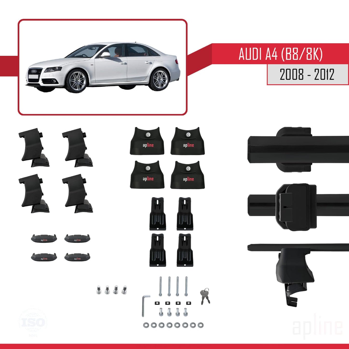 Compatible with Audi A4 (B8) Pre-Facelift 2008-2012 ACE-4 Car Roof Rack Cross Bar Black Aluminium 2 Bars