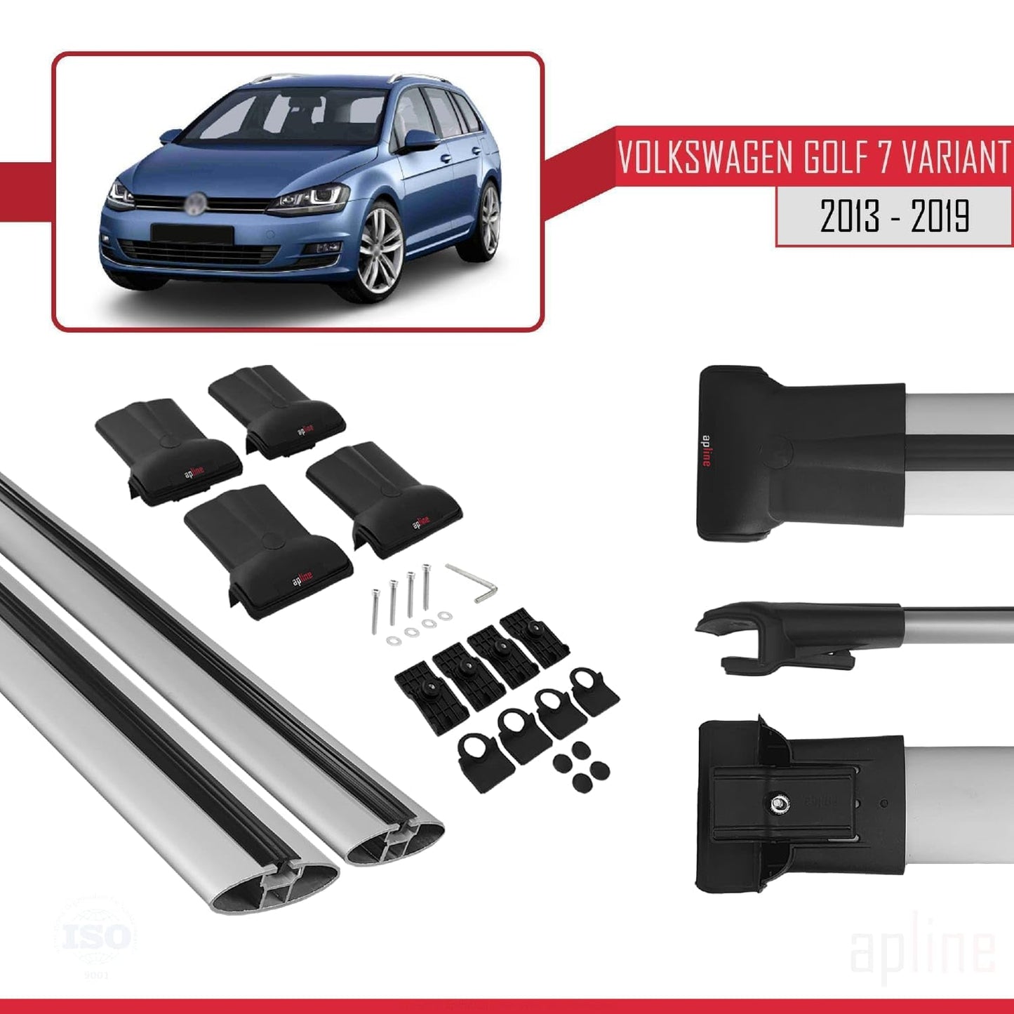 Compatible with Volkswagen Golf 7 (5G) Variant 2013-2019 Fly Model Car Roof Rack Cross Bar Grey Aluminium 2 Bars