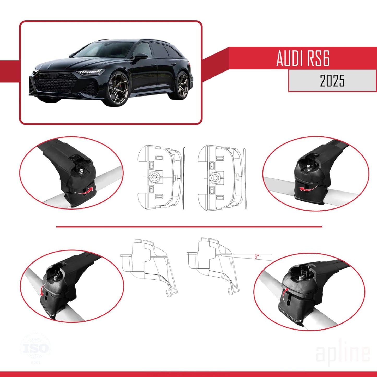 Compatible with Audi RS6 2025 ACE-2 Car Roof Rack Cross Bar Black Aluminium 2 Bars