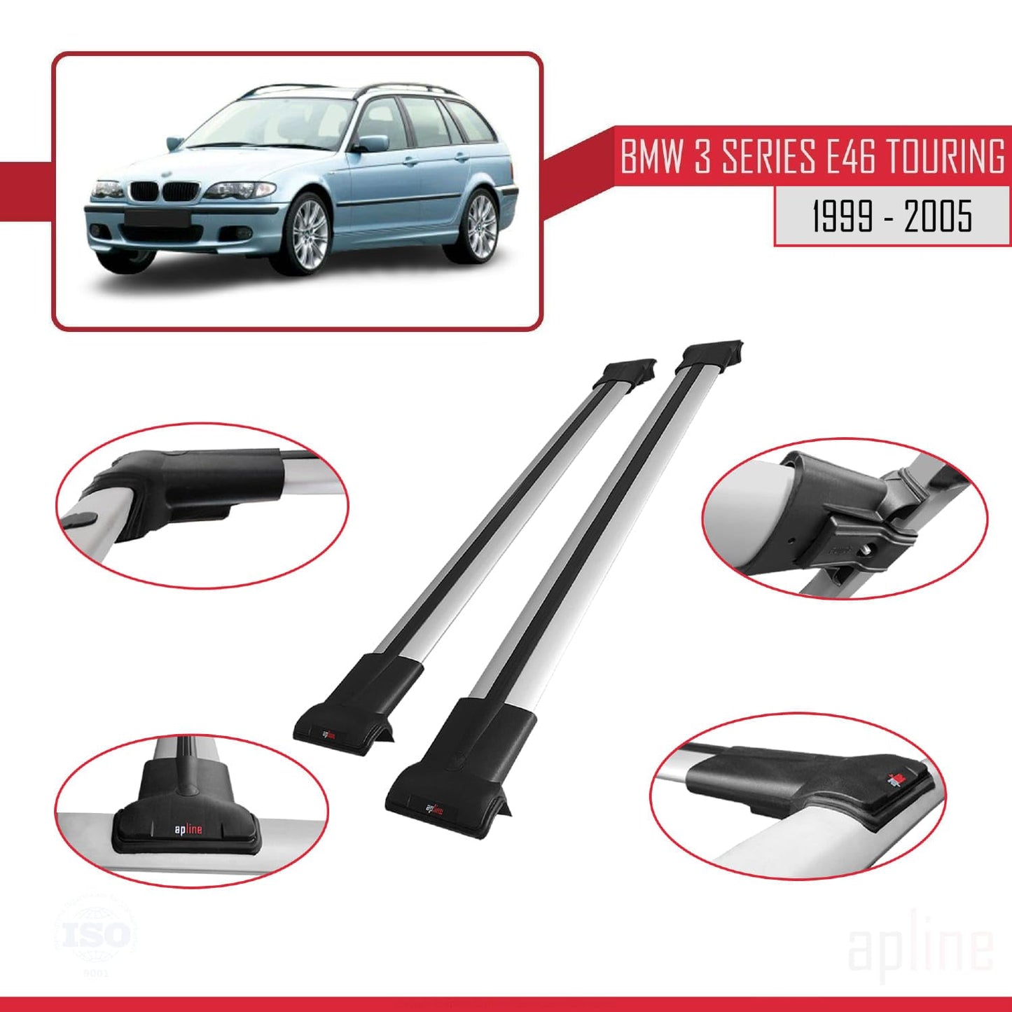 Compatible with BMW 3 Series (E46) Touring 1999-2005 Fly Model Car Roof Rack Cross Bar Grey Aluminium 2 Bars
