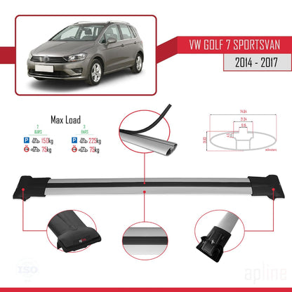 Compatible with Volkswagen Golf Sportvan 2014-2017 Fly Model Car Roof Rack Cross Bar Grey Aluminium 2 Bars