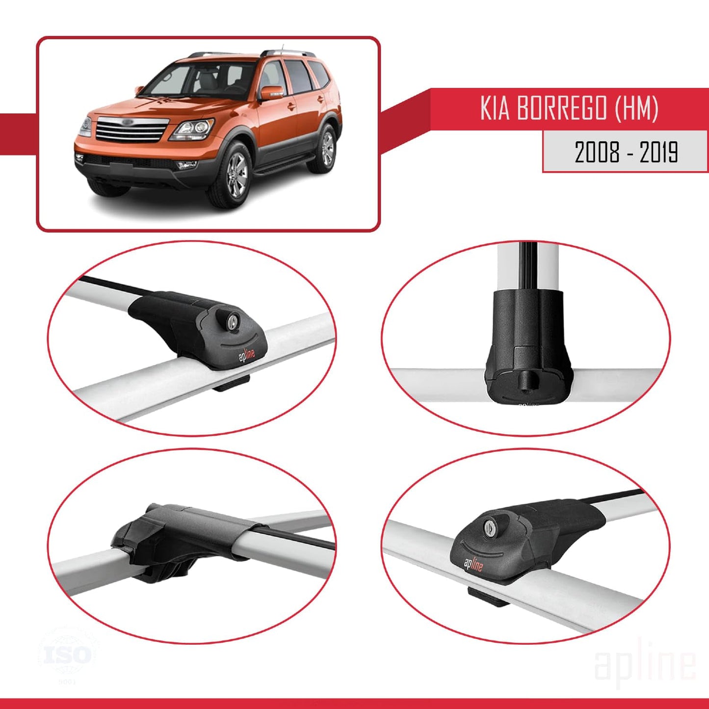 Compatible with Kia Borrego (HM) 2008-2019 ACE-1 Car Roof Rack Cross Bar Grey Aluminium 3 Bars