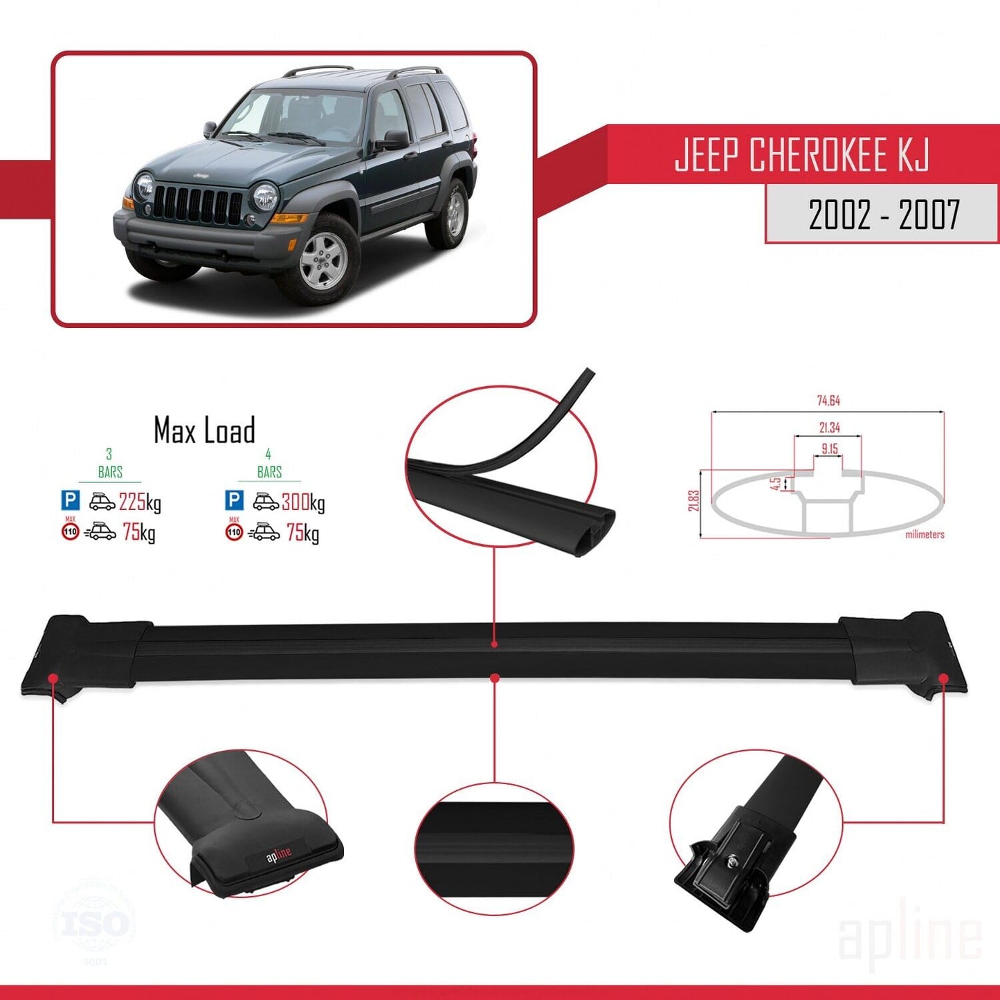Compatible with Jeep Cherokee 3 (KJ) 2002-2007 Fly Model Car Roof Rack Cross Bar Black Aluminium 3 Bars