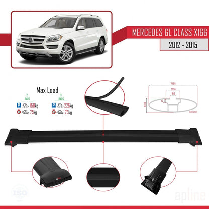 Compatible with Mercedes GL Class 2 (X166) Pre-Facelift 2013-2015 Fly Model Car Roof Rack Cross Bar Black Aluminium 2 Bars