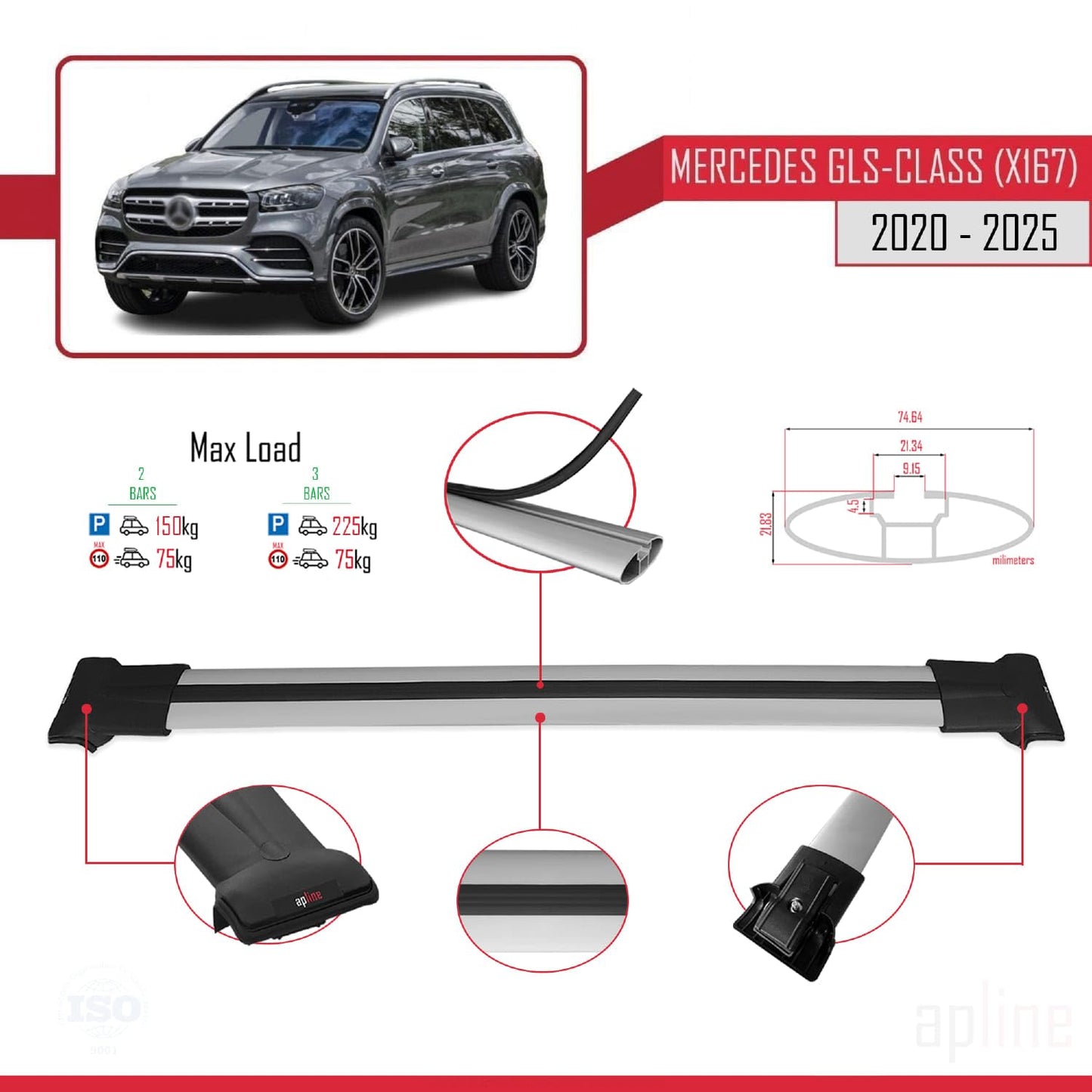Compatible with Mercedes GLS Class (X167) 2020-2025 Fly Model Car Roof Rack Cross Bar Grey Aluminium 2 Bars