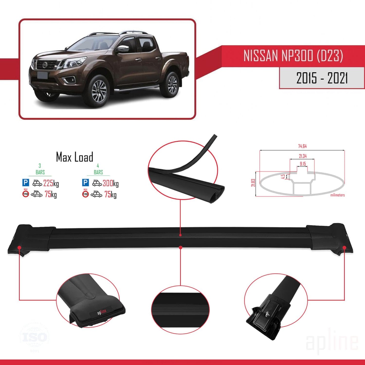 Compatible with Nissan NP300 (D23) 2015-2021 Fly Model Car Roof Rack Cross Bar Black Aluminium 3 Bars