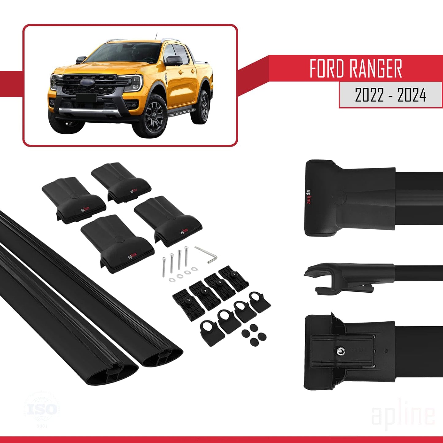 Compatible with Ford Ranger (P703) 2022-2024 Fly Model Car Roof Rack Cross Bar Black Aluminium 2 Bars