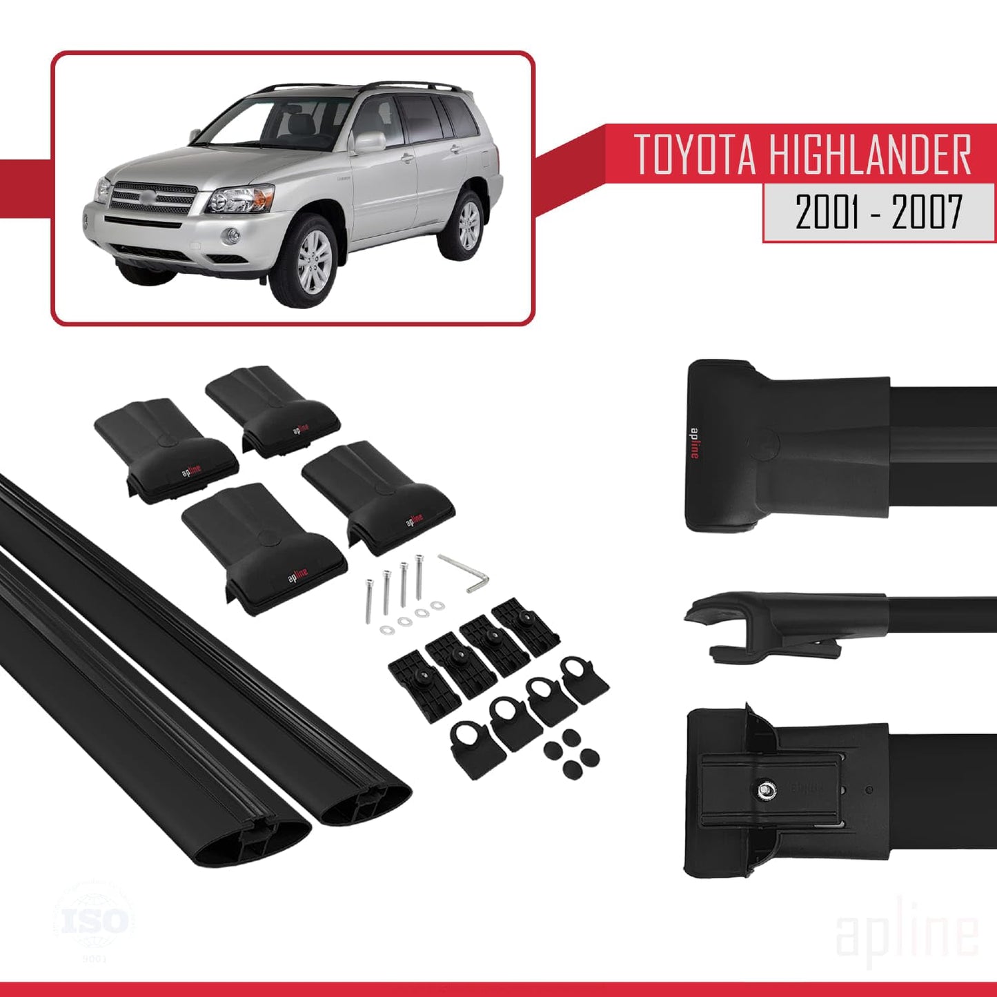 Compatible with Toyota Highlander 2001-2007 Fly Model Car Roof Rack Cross Bar Black Aluminium 2 Bars