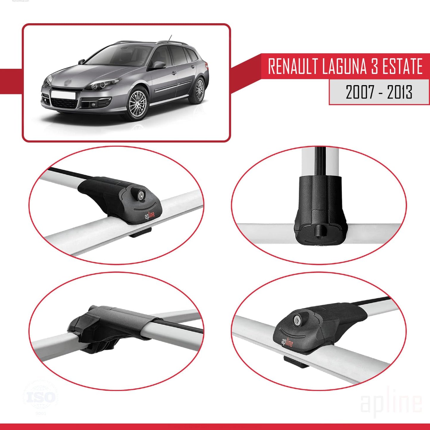 Compatible with Renault Laguna 3 Estate 2007-2013 ACE-1 Car Roof Rack Cross Bar Grey Aluminium 2 Bars
