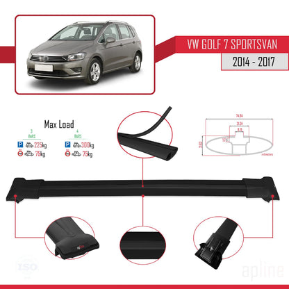 Compatible with Volkswagen Golf Sportvan 2014-2017 Fly Model Car Roof Rack Cross Bar Black Aluminium 3 Bars