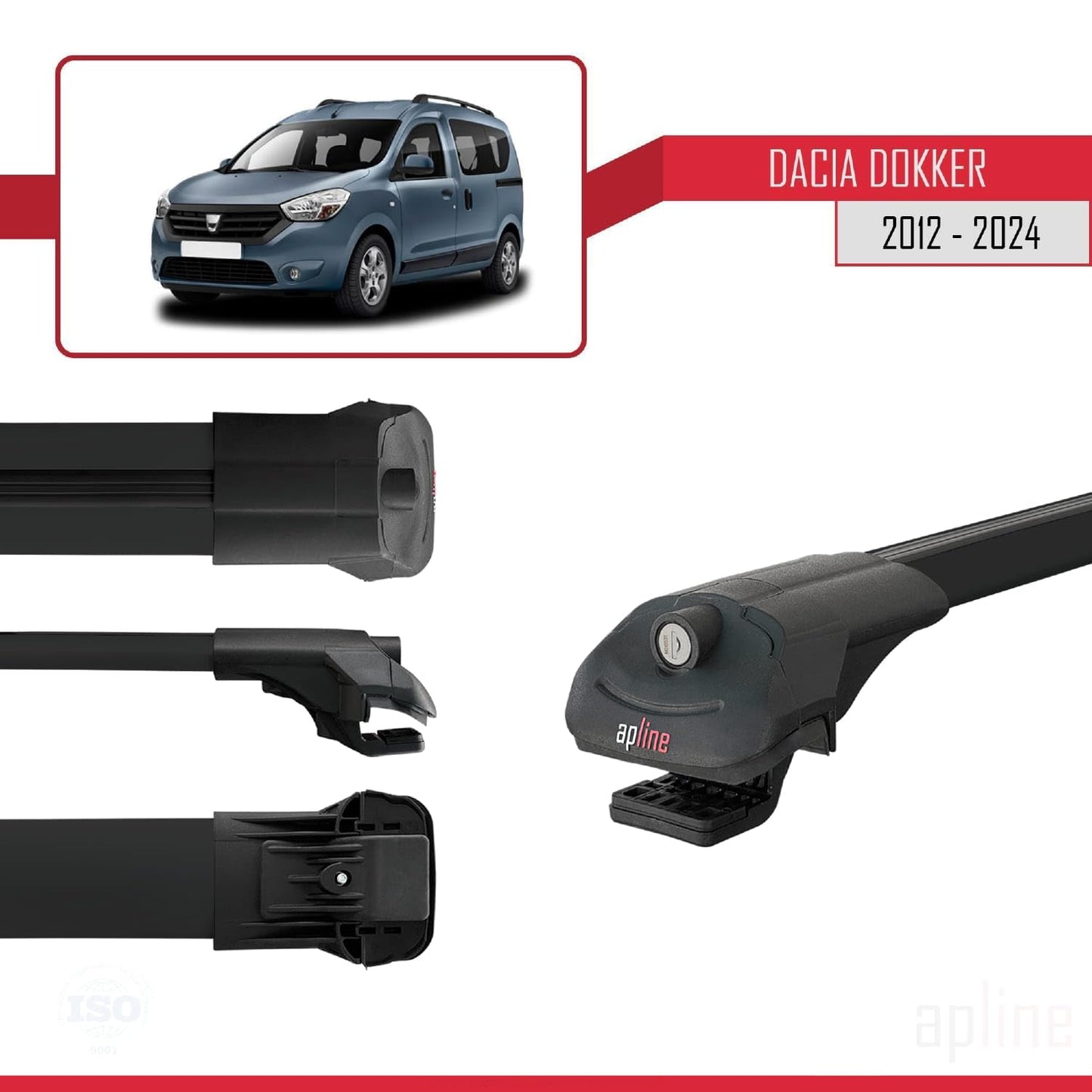 Compatible with Dacia Dokker (K67) 2012-2024 ACE-1 Car Roof Rack Cross Bar Black Aluminium 2 Bars