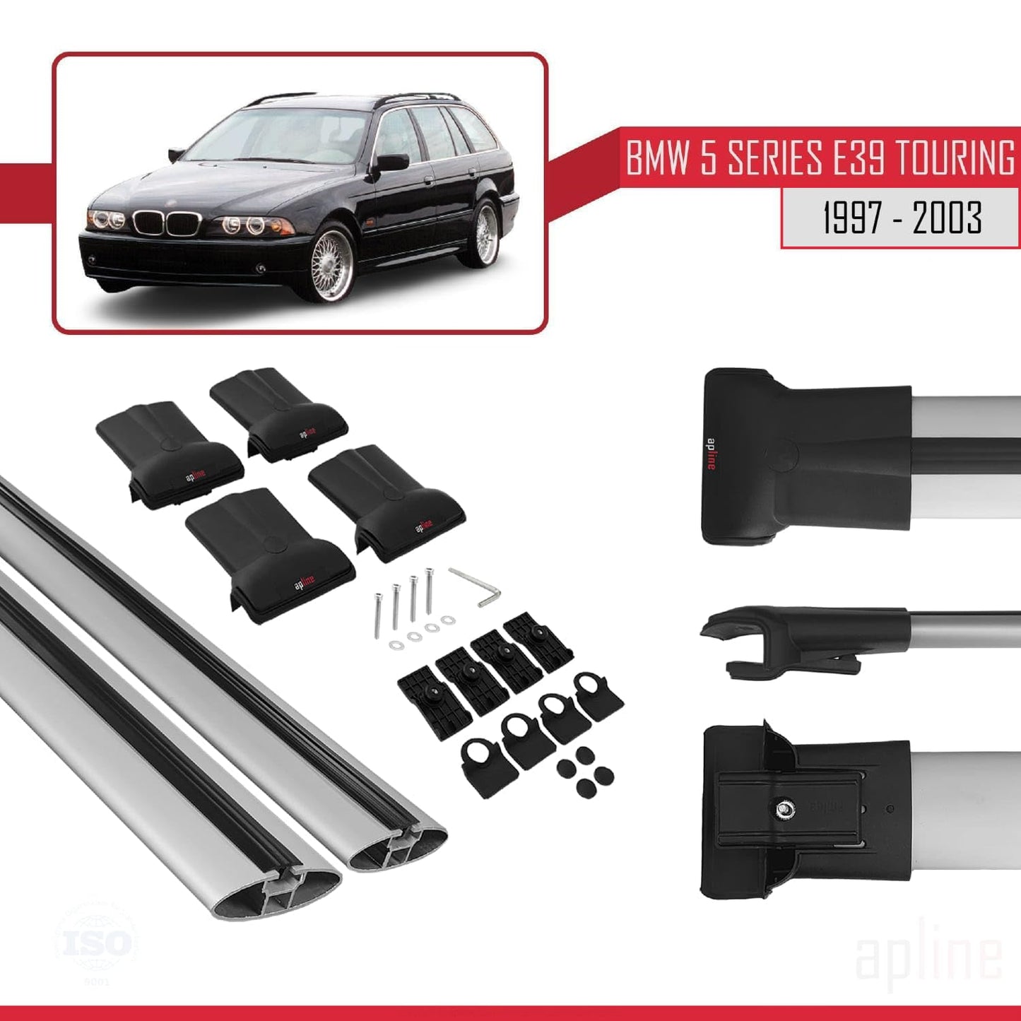 Compatible with BMW 5 Series (E39) Touring 1997-2003 Fly Model Car Roof Rack Cross Bar Grey Aluminium 2 Bars
