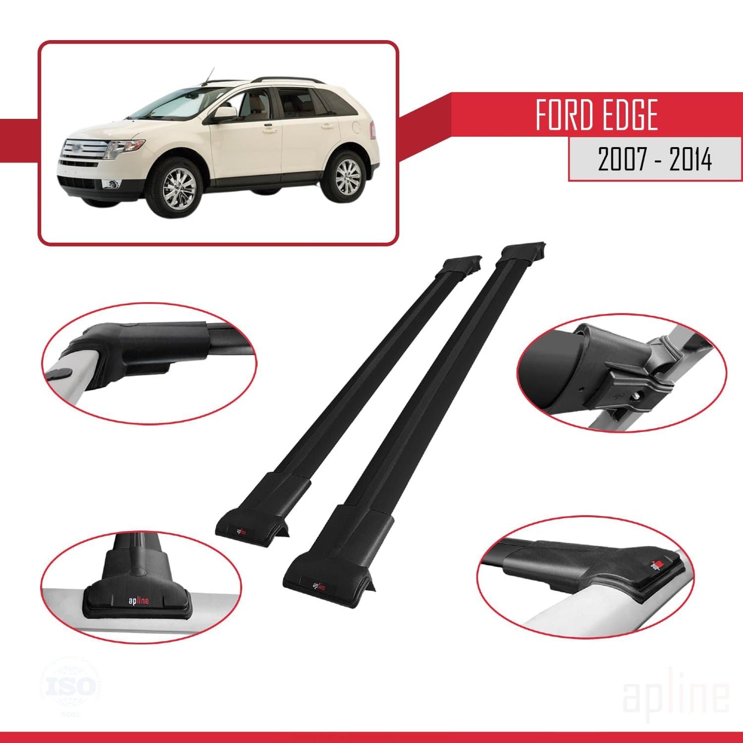 Compatible with Ford Edge 2007-2014 Fly Model Car Roof Rack Cross Bar Black Aluminium 2 Bars