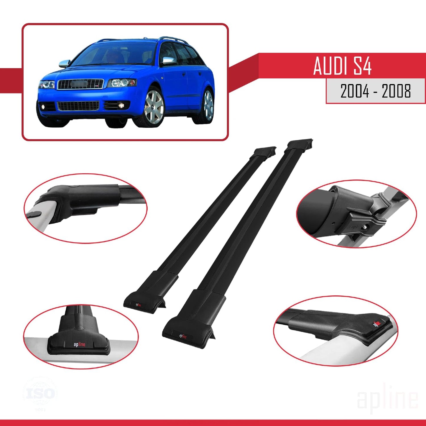 Compatible with Audi S4 2004-2008 Fly Model Car Roof Rack Cross Bar Black Aluminium 2 Bars