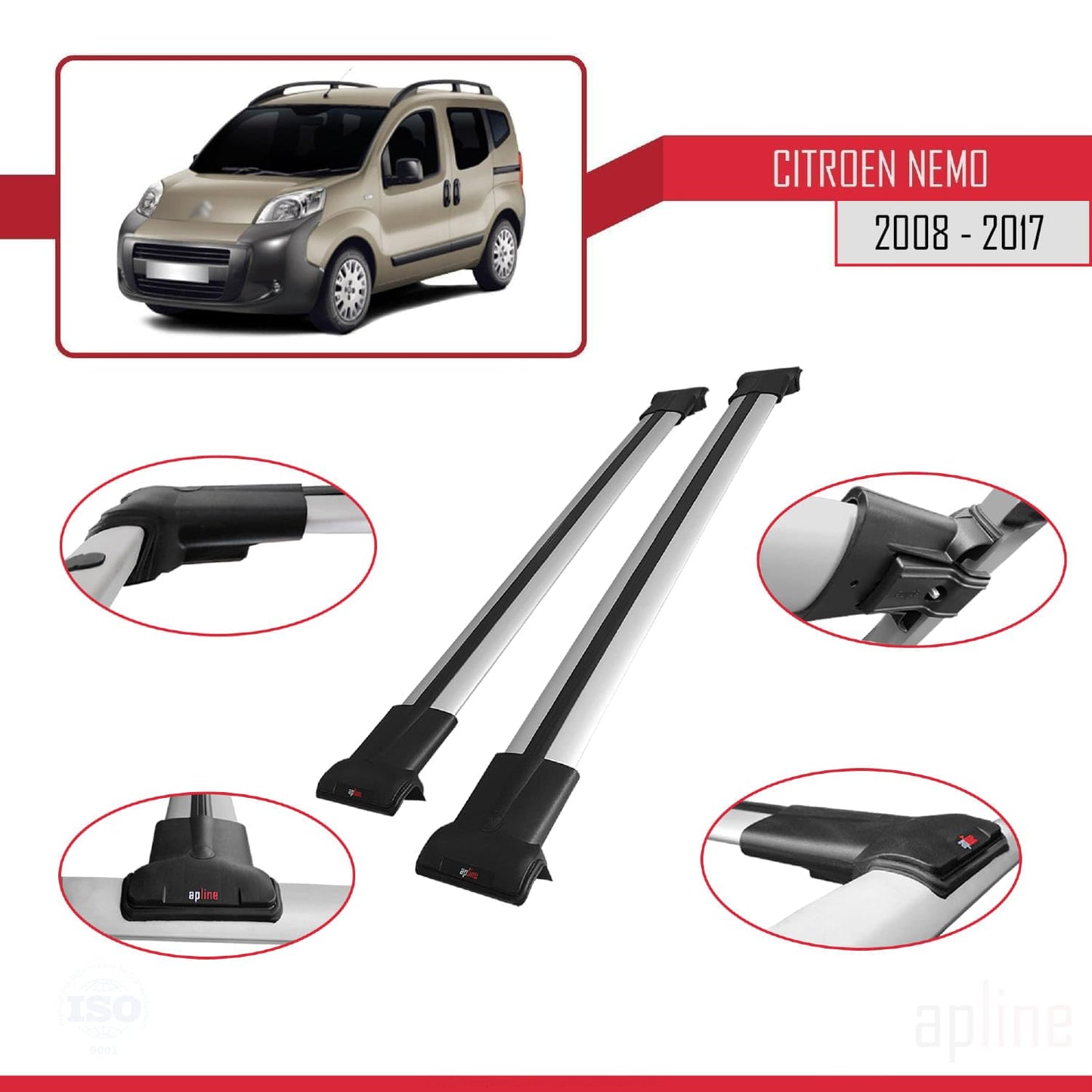 Compatible with Citroen Nemo 3 (225) 2008-2017 Fly Model Car Roof Rack Cross Bar Grey Aluminium 2 Bars