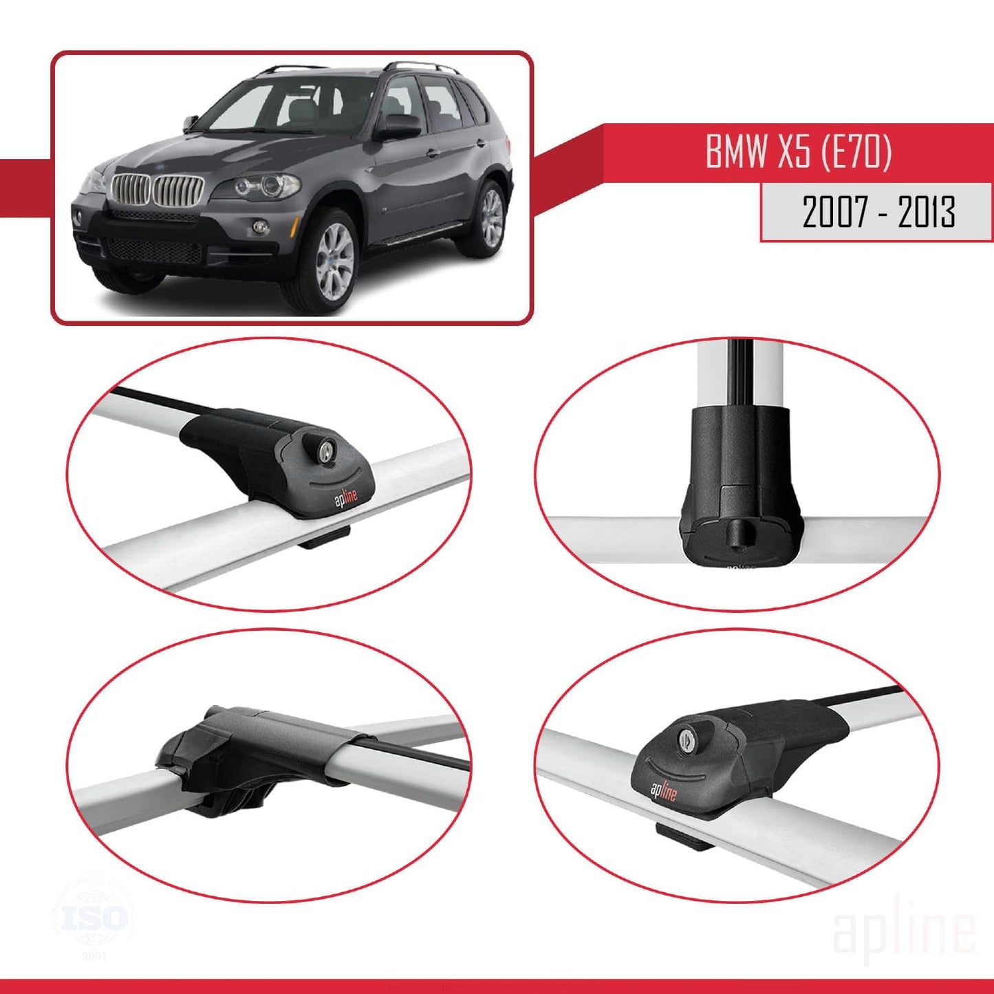 Compatible with BMW X5 (E70) 2007-2013 ACE-1 Car Roof Rack Cross Bar Grey Aluminium 3 Bars