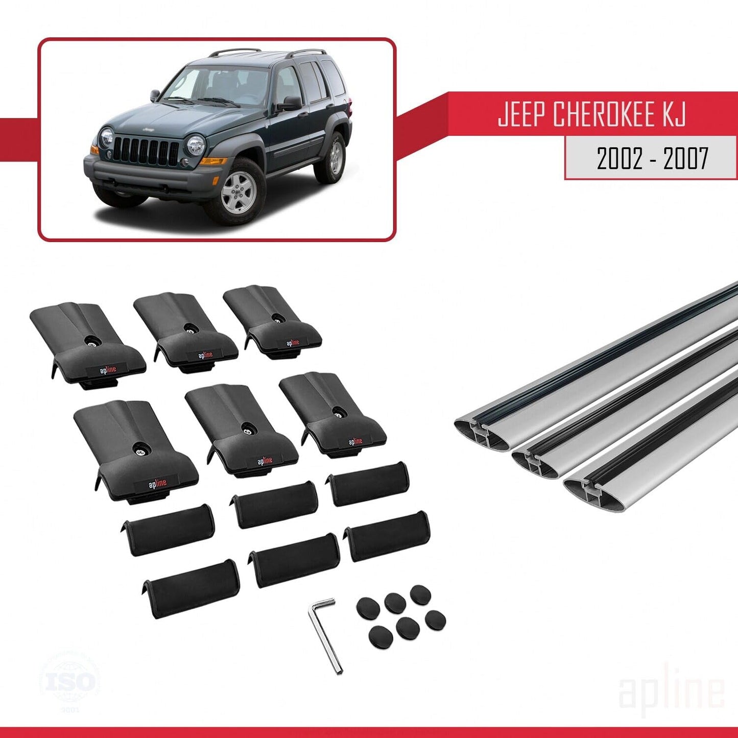 Compatible with Jeep Cherokee 3 (KJ) 2002-2007 Fly Model Car Roof Rack Cross Bar Grey Aluminium 3 Bars