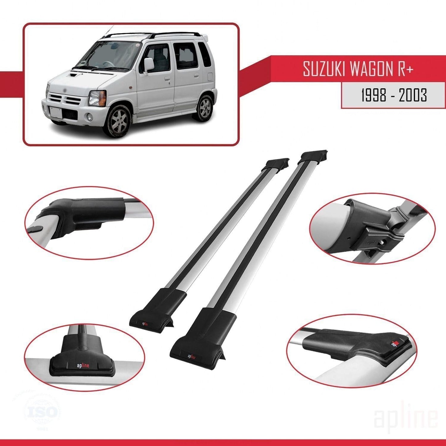 Compatible with Suzuki Wagon R+ 1998-2003 Fly Model Car Roof Rack Cross Bar Grey Aluminium 2 Bars