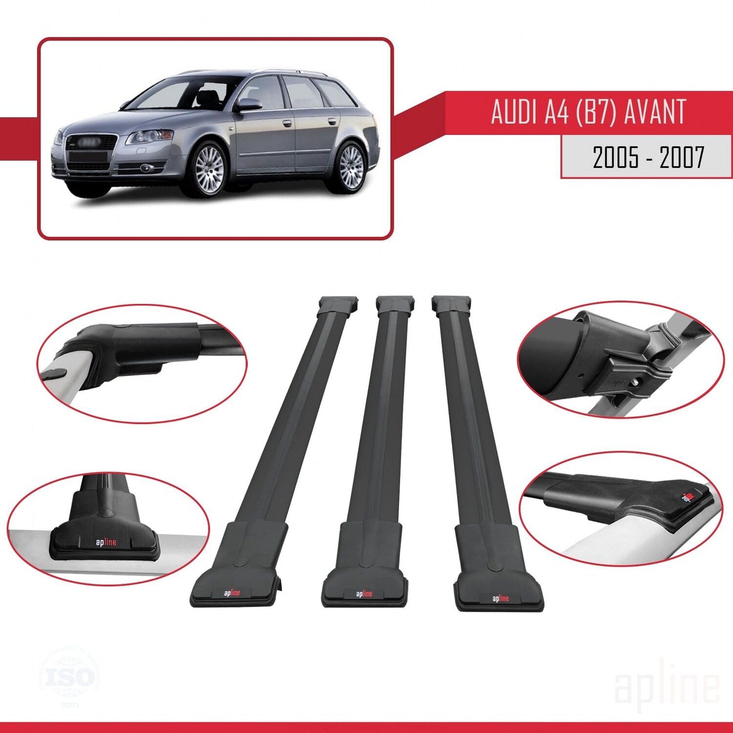 Compatible with Audi A4 (B7) Avant 2005-2007 Fly Model Car Roof Rack Cross Bar Black Aluminium 3 Bars