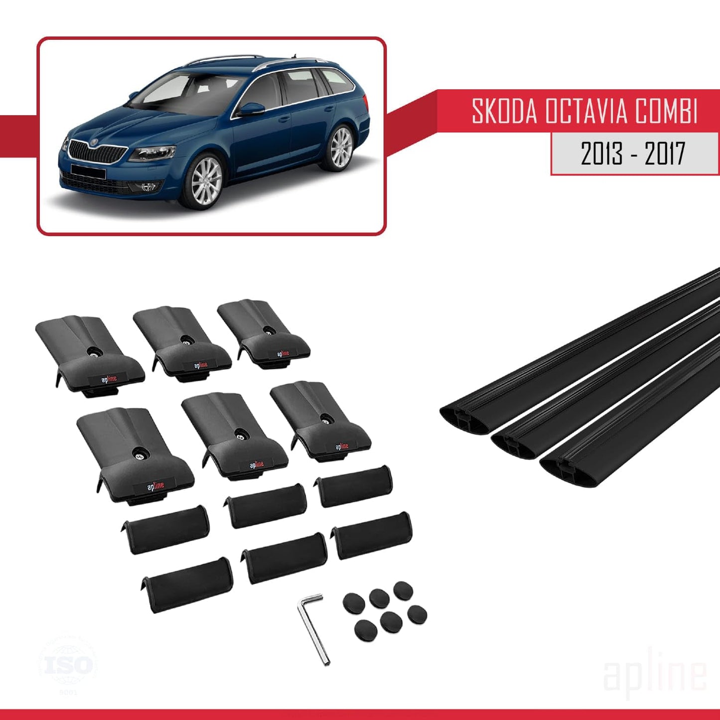 Compatible with Skoda Octavia 3 (5E) SW Pre-Facelift 2013-2017 Fly Model Car Roof Rack Cross Bar Black Aluminium 3 Bars