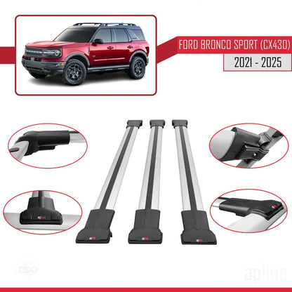 Compatible with Ford Bronco Sport (CX430) 2021-2025 Fly Model Car Roof Rack Cross Bar Grey Aluminium 3 Bars