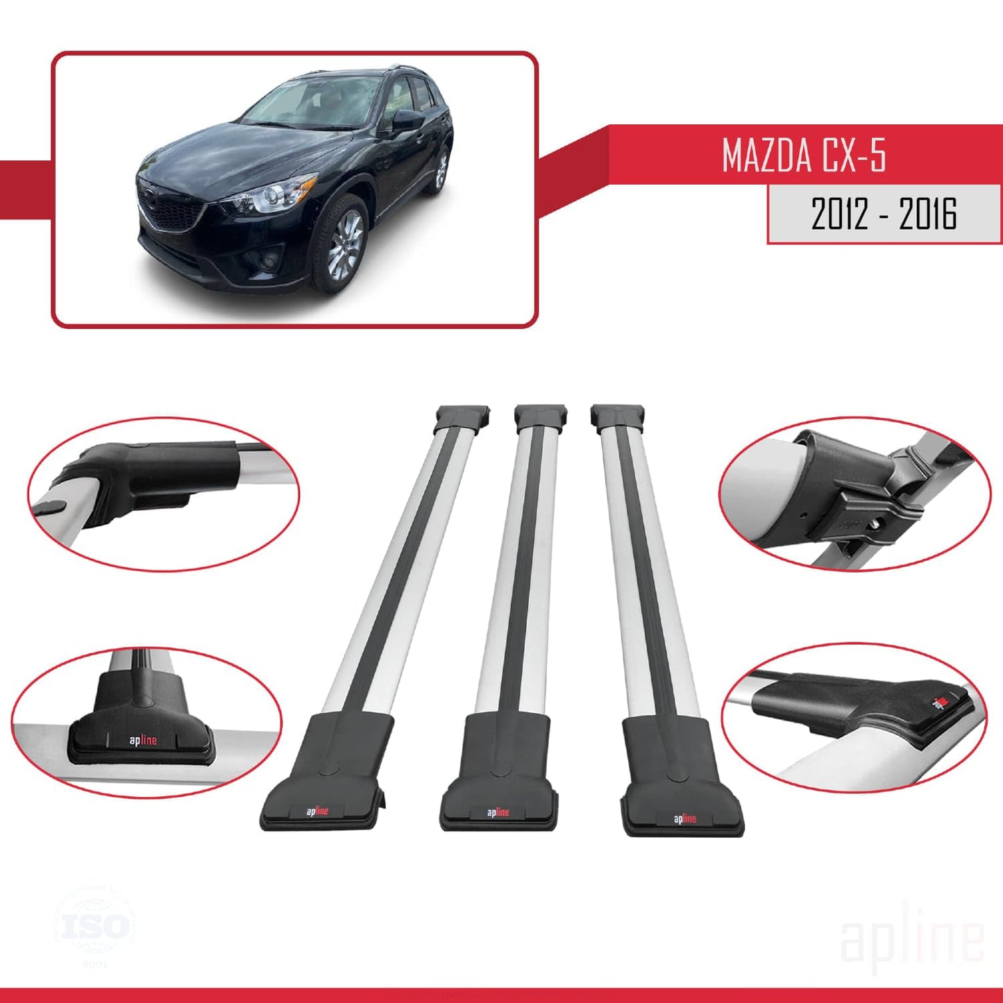 Compatible with Mazda CX-5 I (KE) 2012-2016 Fly Model Car Roof Rack Cross Bar Grey Aluminium 3 Bars