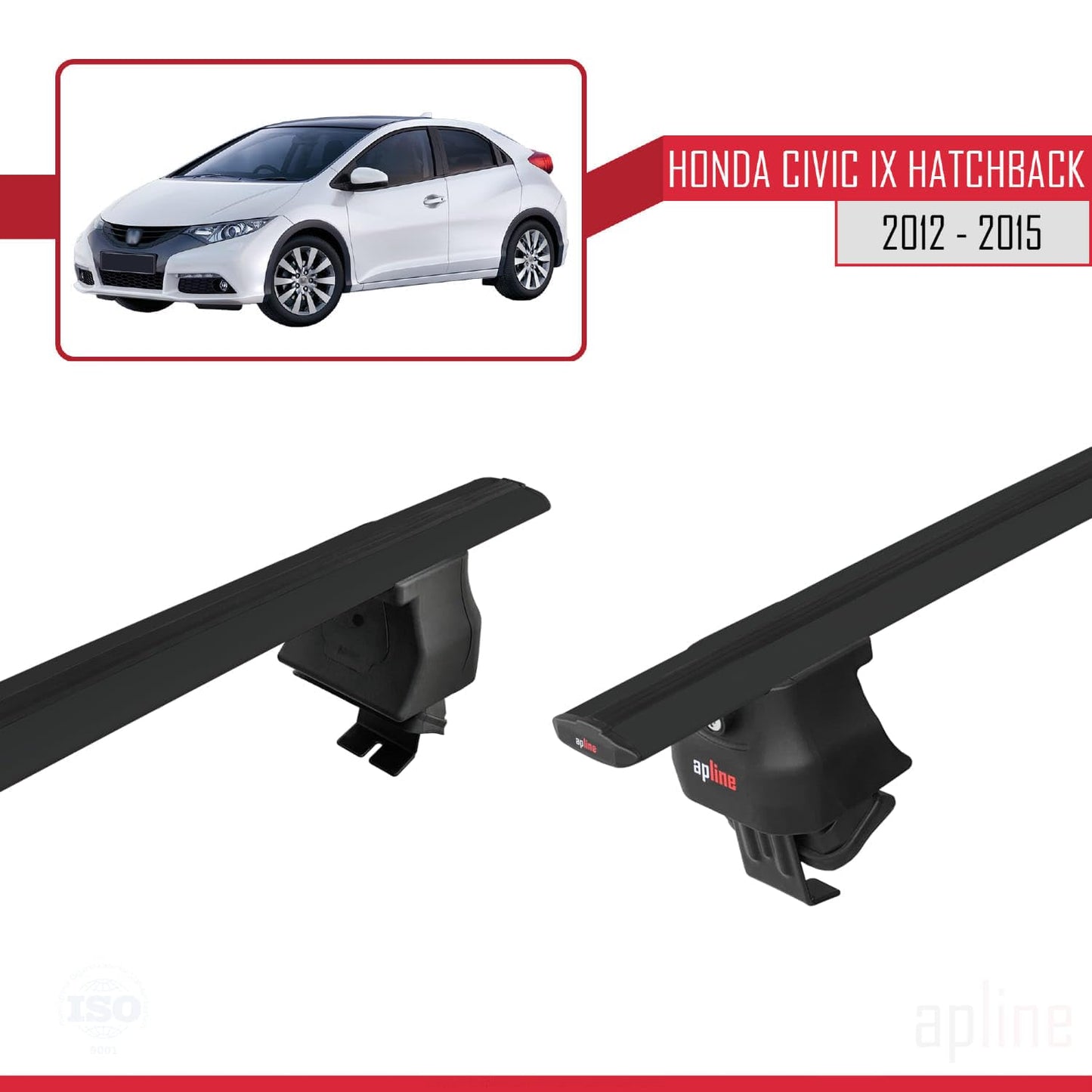 Compatible with Honda Civic 9 (FK) HB 2012-2015 ACE-4 Car Roof Rack Cross Bar Black Aluminium 2 Bars