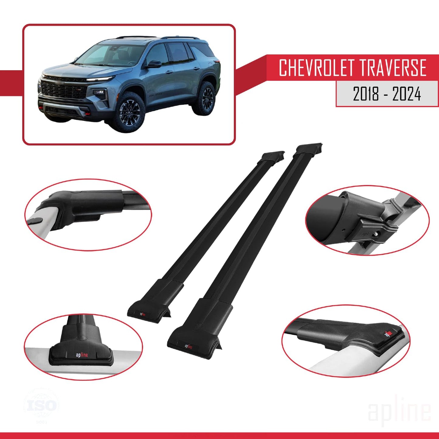 Compatible with Chevrolet Traverse 2018-2024 Fly Model Car Roof Rack Cross Bar Black Aluminium 2 Bars