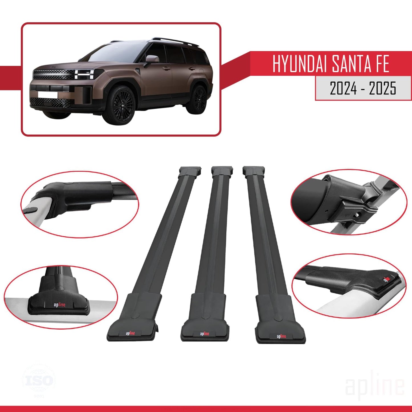 Compatible with Hyundai Santa Fe 2024-2025 Fly Model Car Roof Rack Cross Bar Black Aluminium 3 Bars