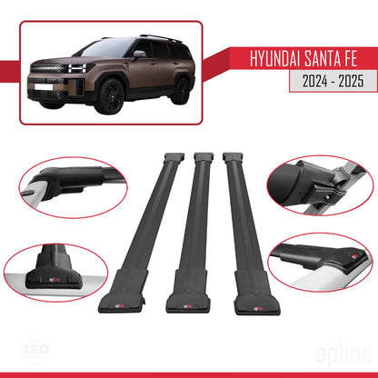 Compatible with Hyundai Santa Fe 2024-2025 Fly Model Car Roof Rack Cross Bar Black Aluminium 3 Bars