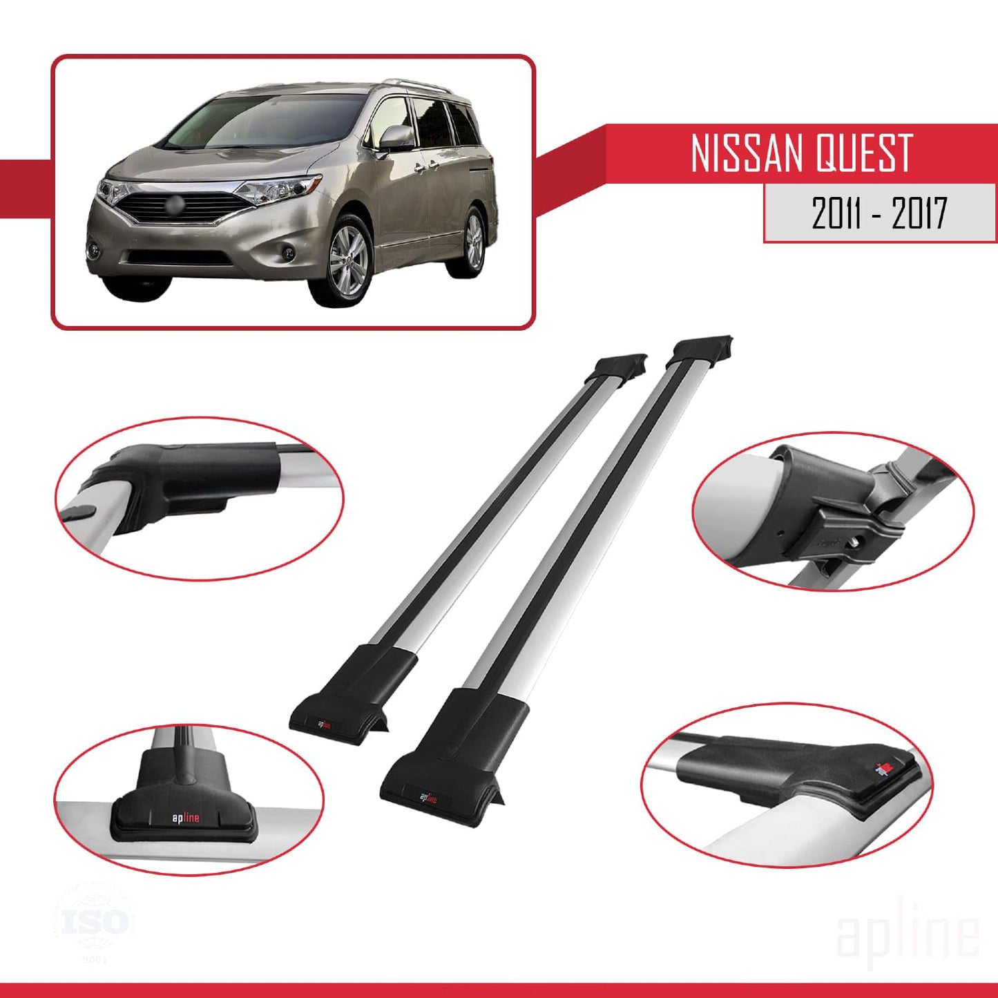 Compatible with Nissan Quest 2011-2017 Fly Model Car Roof Rack Cross Bar Grey Aluminium 2 Bars