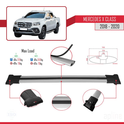Compatible with Mercedes X Class (470) 2018-2020 Fly Model Car Roof Rack Cross Bar Grey Aluminium 3 Bars