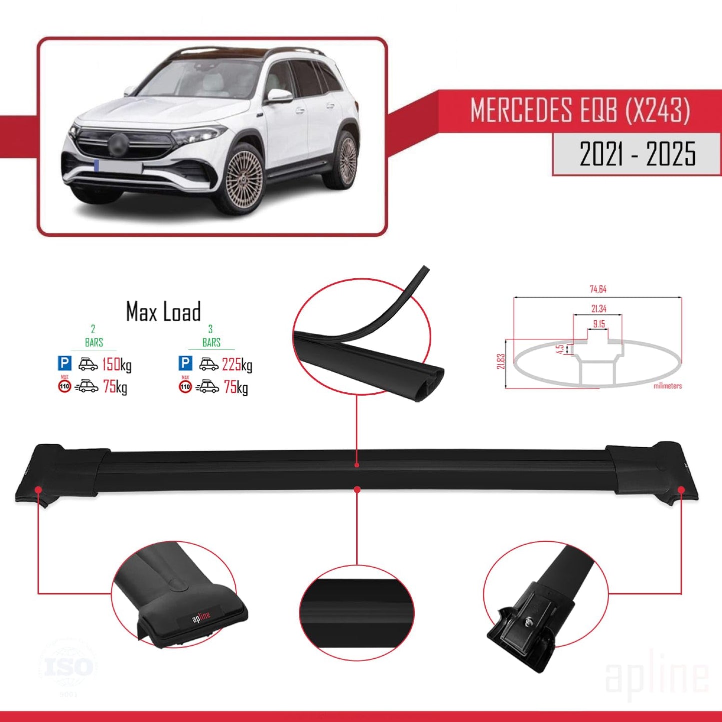 Compatible with Mercedes EQB (X243) 2021-2025 Fly Model Car Roof Rack Cross Bar Black Aluminium 2 Bars