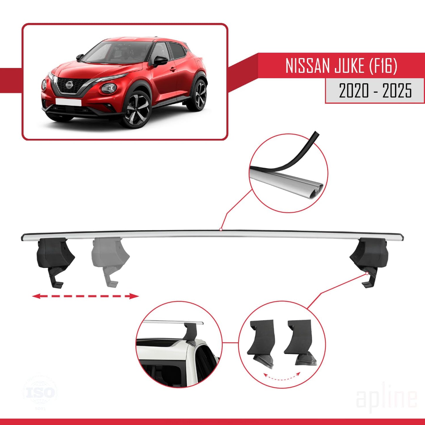 Compatible with Nissan Juke 2 (F16) 2020-2025 ACE-4 Car Roof Rack Cross Bar Grey Aluminium 2 Bars