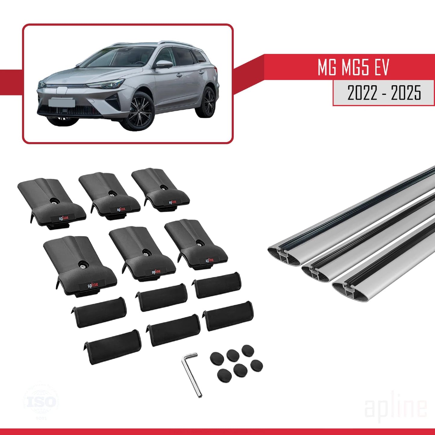 Compatible with MG 5 EV 2022-2025 Fly Model Car Roof Rack Cross Bar Grey Aluminium 3 Bars