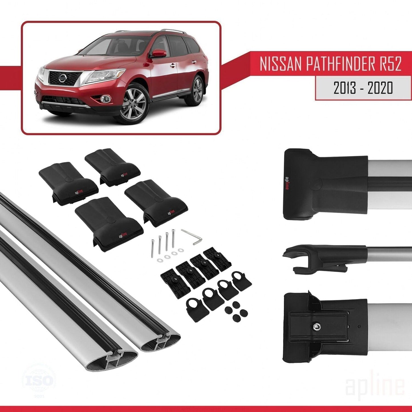 Compatible with Nissan Pathfinder 4 (R52) 2013-2020 Fly Model Car Roof Rack Cross Bar Grey Aluminium 2 Bars