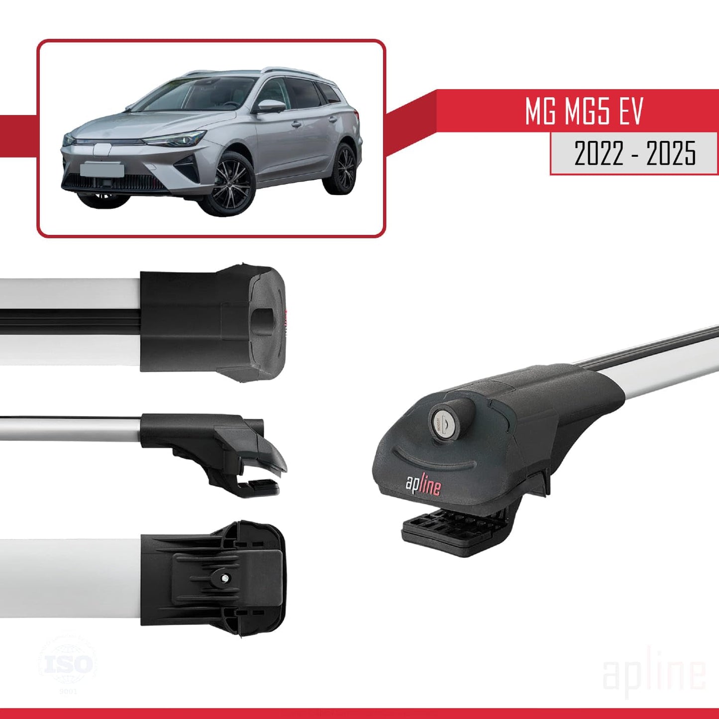 Compatible with MG 5 EV 2022-2025 ACE-1 Car Roof Rack Cross Bar Grey Aluminium 3 Bars