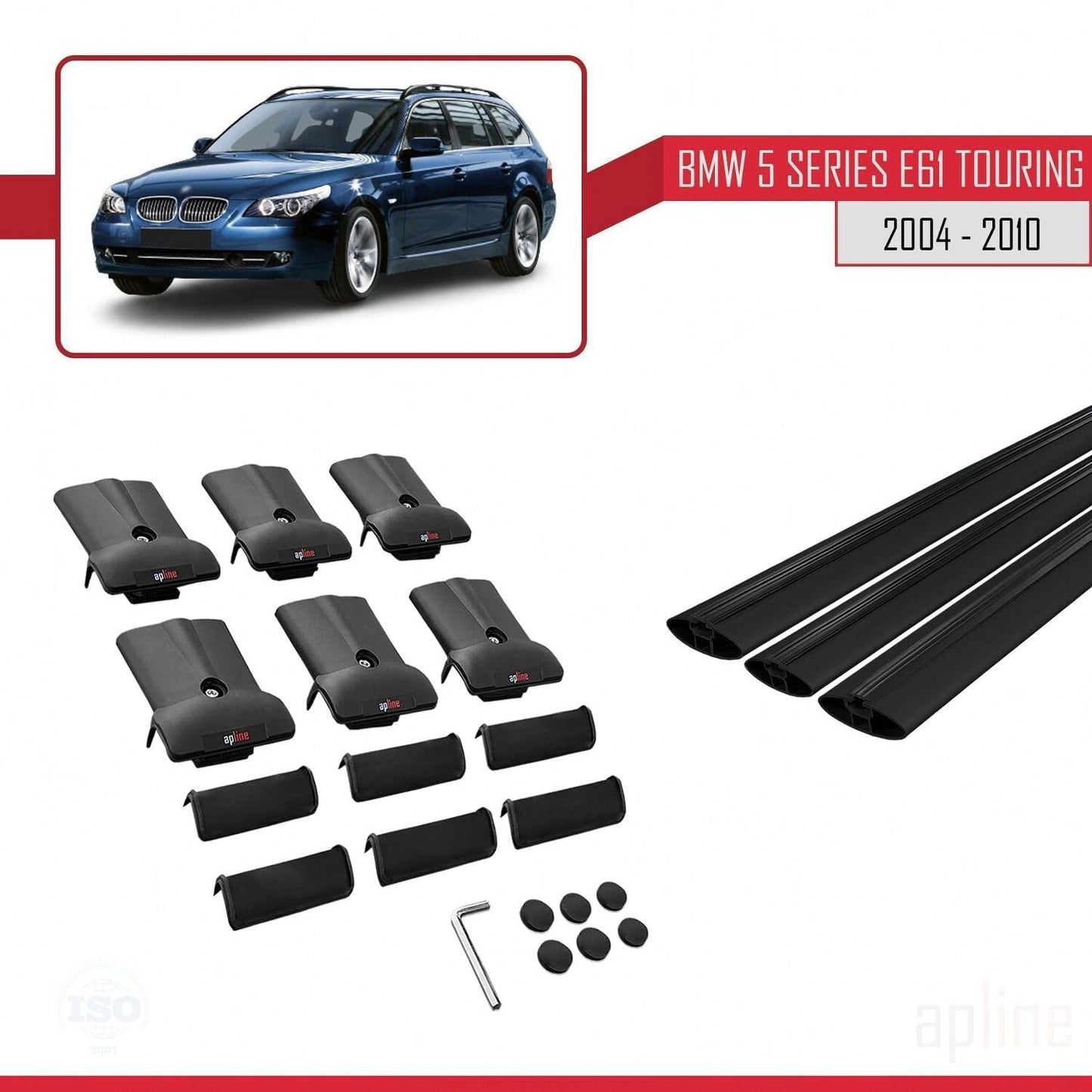 Compatible with BMW 5 Series (E61) Touring 2004-2010 Fly Model Car Roof Rack Cross Bar Black Aluminium 3 Bars