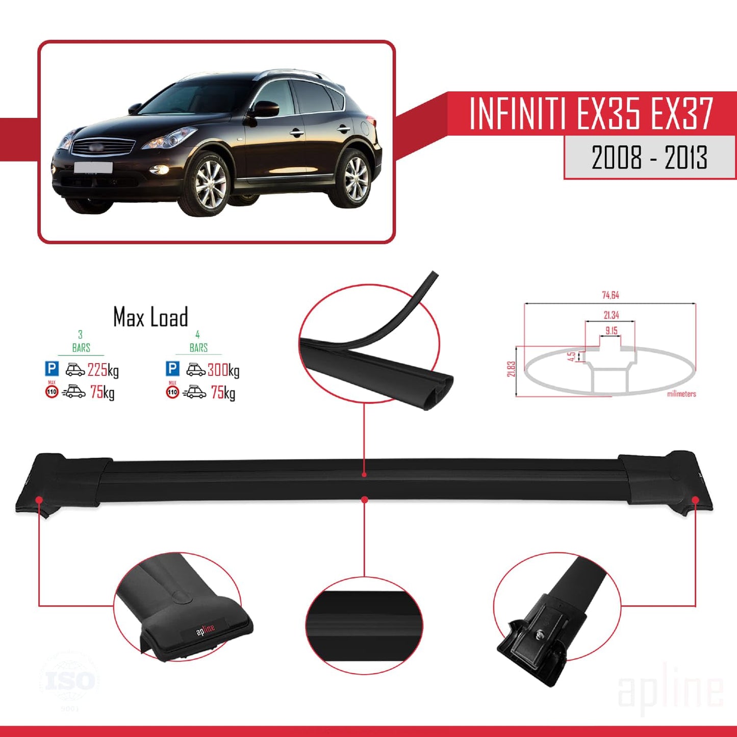 Compatible with Infiniti EX35 EX37 2008-2013 Fly Model Car Roof Rack Cross Bar Black Aluminium 3 Bars