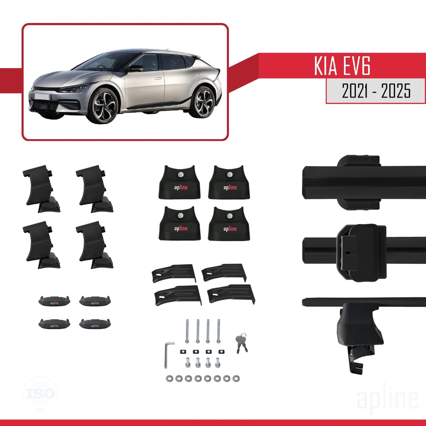 Compatible with Kia EV6 2021-2025 ACE-4 Car Roof Rack Cross Bar Black Aluminium 2 Bars