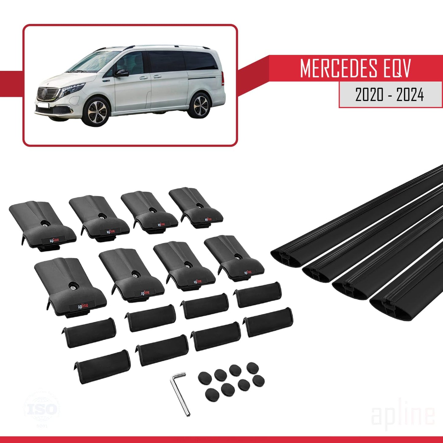 Compatible with Mercedes EQV (W447) 2020-2025 Fly Model Car Roof Rack Cross Bar Black Aluminium 4 Bars