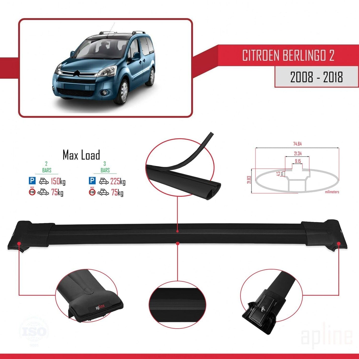 Compatible with Citroen Berlingo 2 (B9) 2008-2018 Fly Model Car Roof Rack Cross Bar Black Aluminium 2 Bars