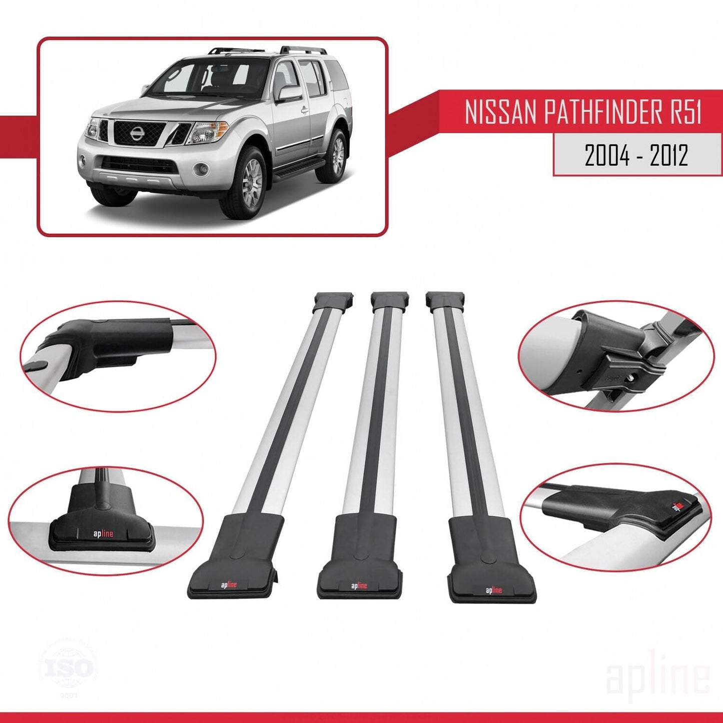Compatible with Nissan Pathfinder 3 (R51) 2004-2012 Fly Model Car Roof Rack Cross Bar Grey Aluminium 3 Bars