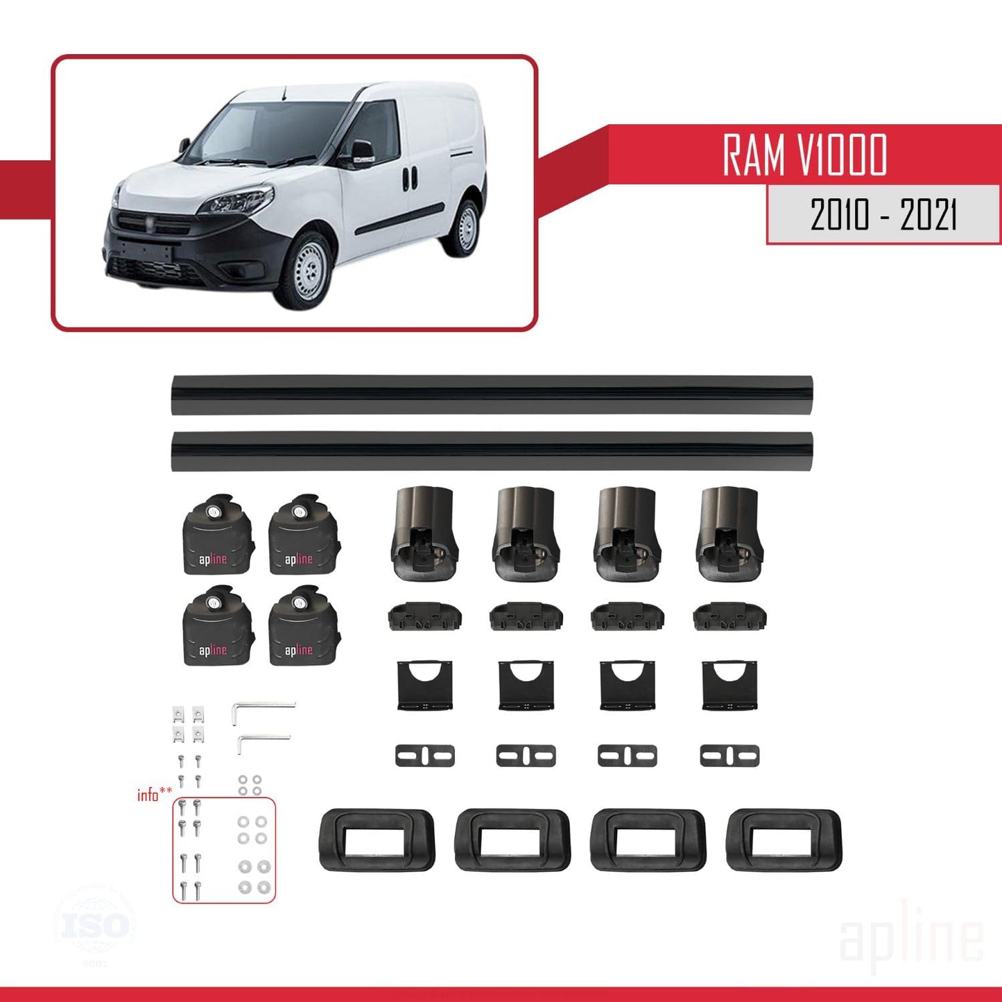 Compatible with Ram V1000 2010-2021 ACE-3 Car Roof Rack Cross Bar Black Aluminium 2 Bars