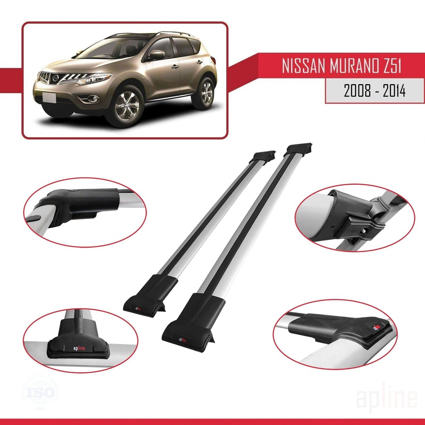 Compatible with Nissan Murano 2 (Z51) 2008-2014 Fly Model Car Roof Rack Cross Bar Grey Aluminium 2 Bars