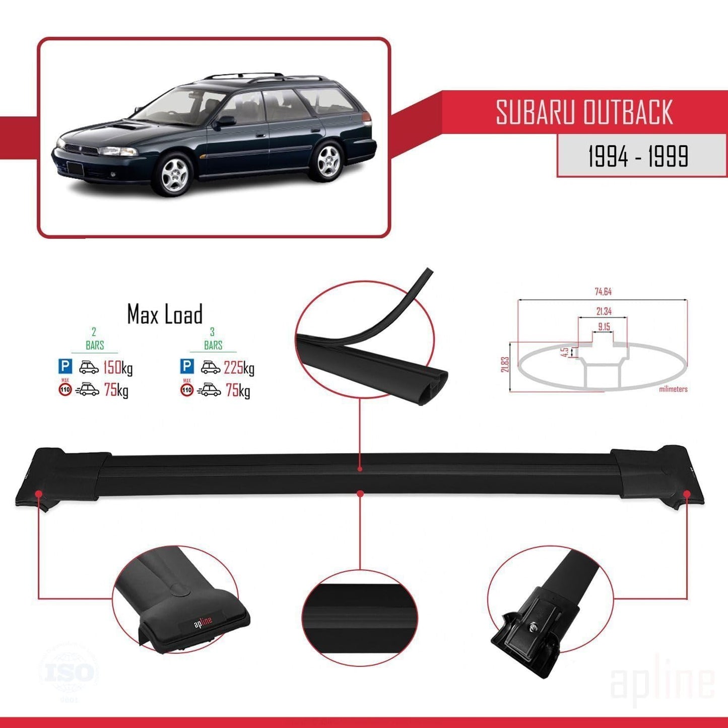 Compatible with Subaru Outback 1994-1999 Fly Model Car Roof Rack Cross Bar Black Aluminium 2 Bars