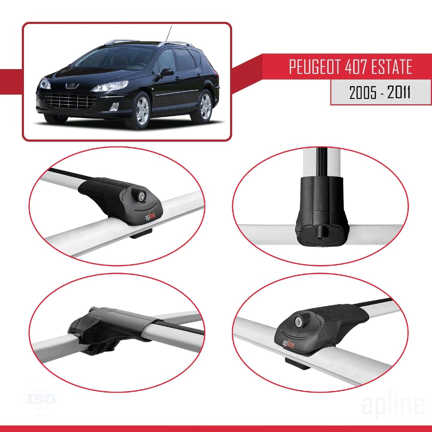 Compatible with Peugeot 407 SW 2005-2011 ACE-1 Car Roof Rack Cross Bar Grey Aluminium 3 Bars