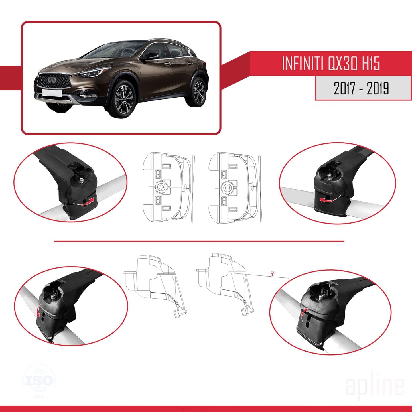 Compatible with Infiniti QX30 (H15) 2017-2019 ACE-2 Car Roof Rack Cross Bar Black Aluminium 2 Bars