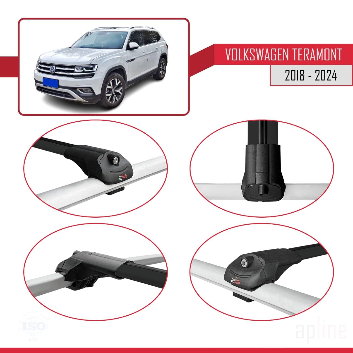 Compatible with Volkswagen Teramont (CA1) 2018-2024 ACE-1 Car Roof Rack Cross Bar Black Aluminium 2 Bars